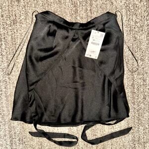ZARA Women's Tie Neck Metallic Black Satin Camisole Blouse NWT Size Small